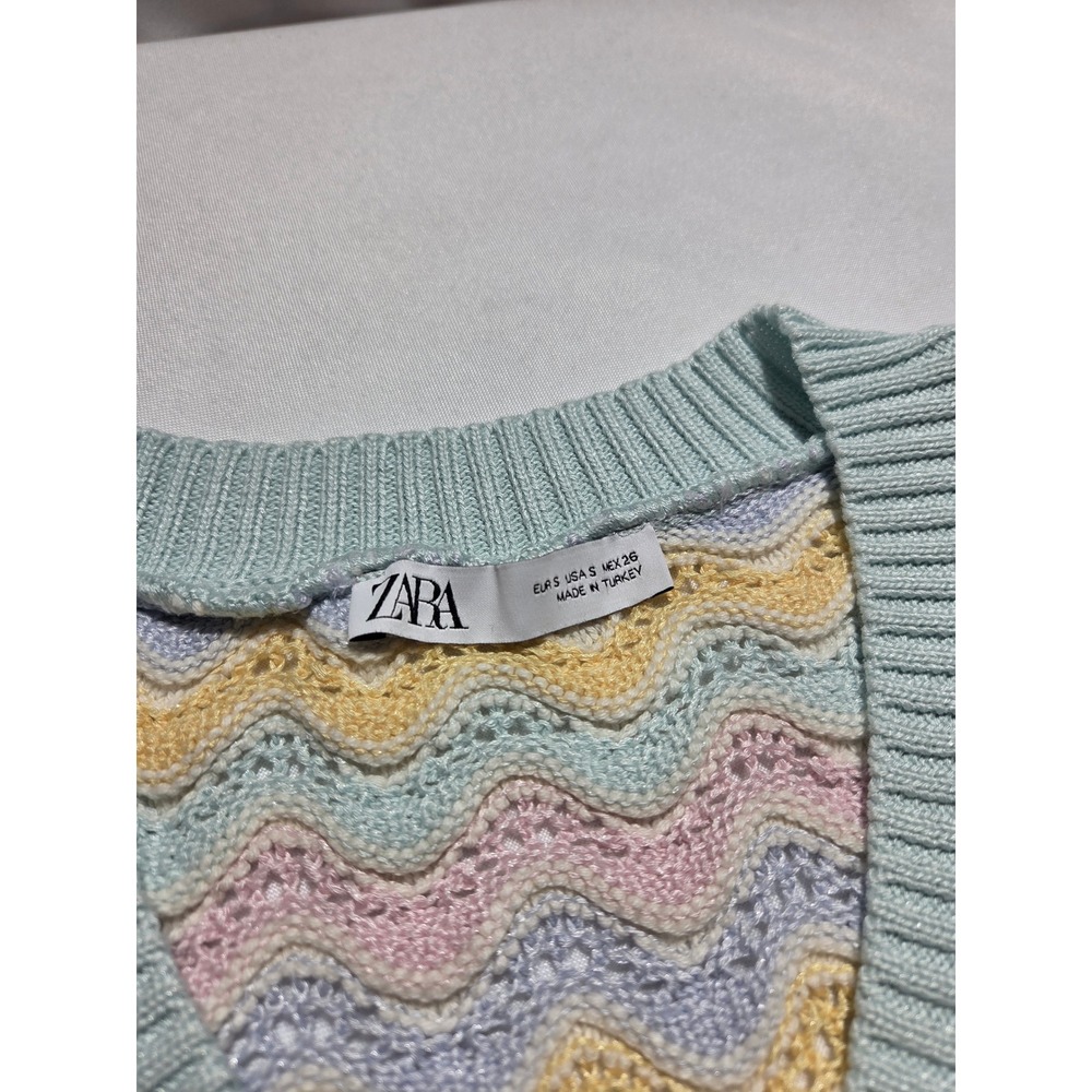 Zara Pastel Chevron Knit Sweater Vest V-Neck Sleeveless Multi Color Pointelle S - Picture 2 of 6